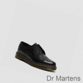 Dr Martens Brogue Shoes Clearance Sale 3989 Yellow Stitch Smooth Womens Black