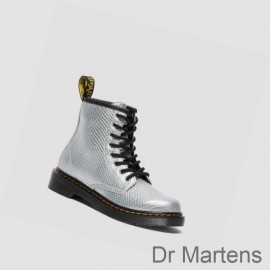 Dr Martens Lace Up Boots Clearance Sale UK 1460 Reptile Emboss Junior Kids Silver