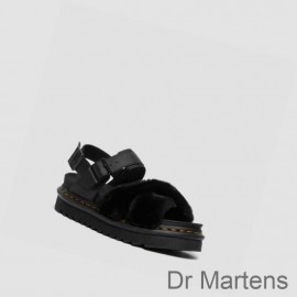 Dr Martens Voss II Fluffy Faux Fur Outlet UK Womens Strap Sandals Black